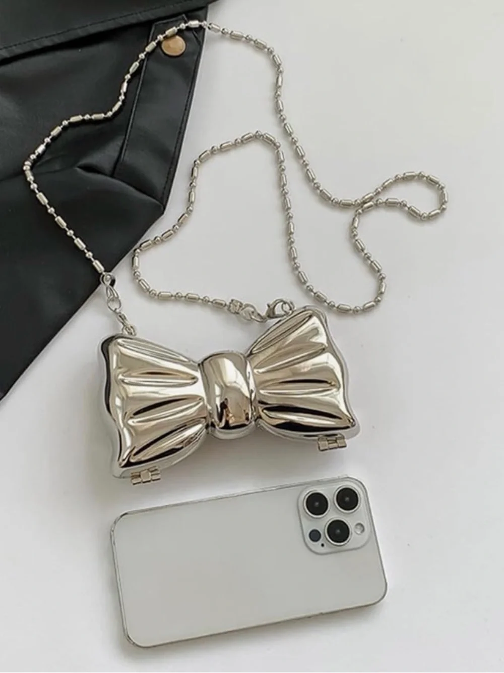 Metallic Silver Bow Clutch Crossbody Bag